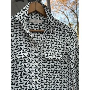 ANN TAYLOR LOFT Rabbit Print Blouse Size XS Green White Roll‎ Tab Boheman Top
